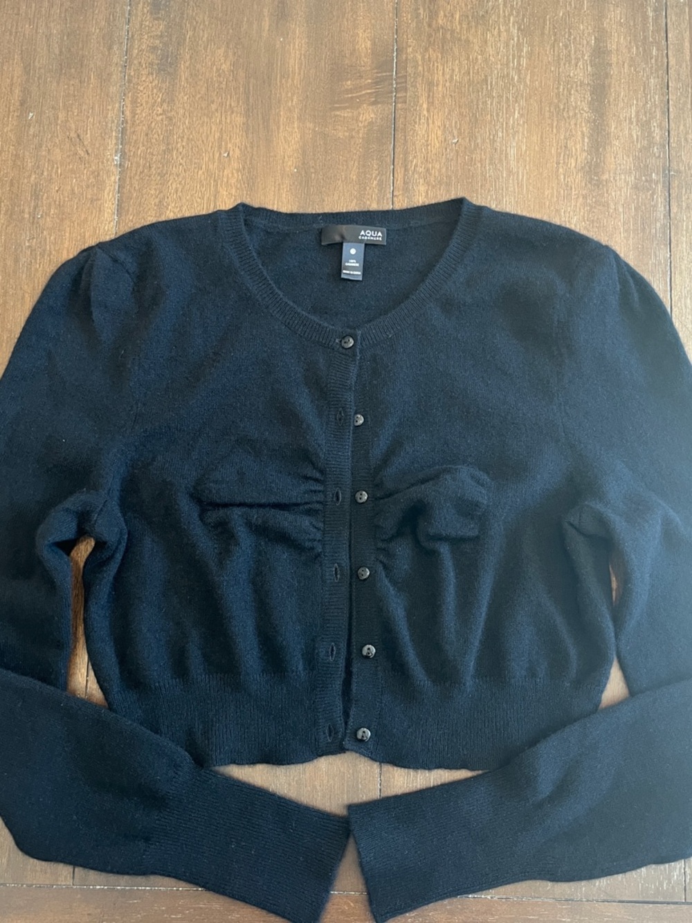 AQUA Cashmere Black Cropped Cardigan Sweater Ruched Bust M